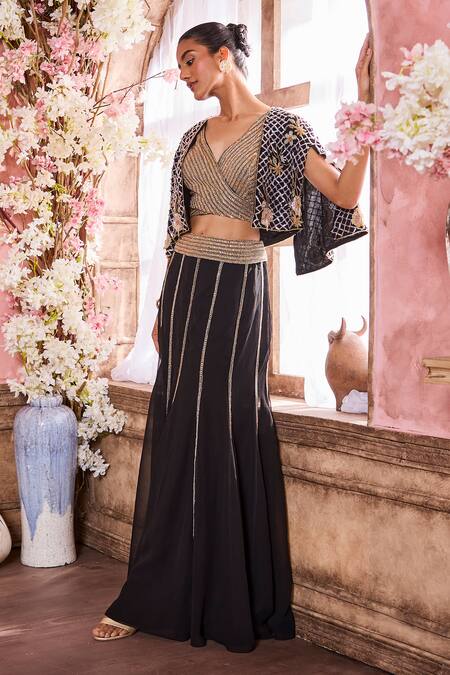 Krisha Sunny Ramani Black Georgette Beads, Sequins V-neck Embroidered Cape With Skirt Set Online at Aza Fashions Krisha Sunny Ramani_Black Georgette Beads, Sequins V-neck Embroidered Cape With Skirt Set _Online_at_Aza_Fashions