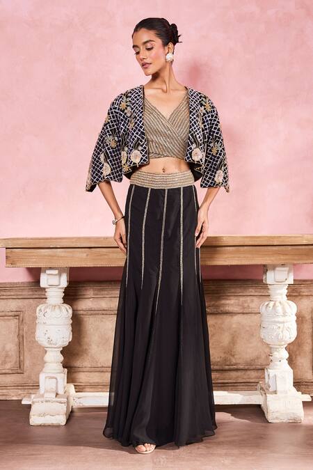 Krisha Sunny Ramani Black Georgette Beads, Sequins V-neck Embroidered Cape With Skirt Set at Aza Fashions Krisha Sunny Ramani_Black Georgette Beads, Sequins V-neck Embroidered Cape With Skirt Set _at_Aza_Fashions