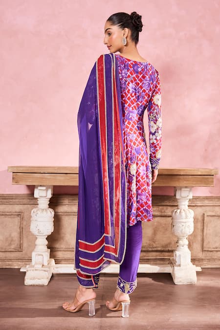 Shop Krisha Sunny Ramani Purple Georgette, Crepe Crystals, Sequins, Floral Print Panelled Kurta Pant Set at Aza Fashions Shop_Krisha Sunny Ramani_Purple Georgette, Crepe Crystals, Sequins, Floral Print Panelled Kurta Pant Set _at_Aza_Fashions