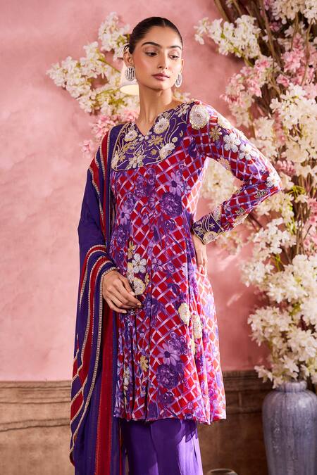 Krisha Sunny Ramani Purple Georgette, Crepe Crystals, Sequins, Floral Print Panelled Kurta Pant Set Online at Aza Fashions Krisha Sunny Ramani_Purple Georgette, Crepe Crystals, Sequins, Floral Print Panelled Kurta Pant Set _Online_at_Aza_Fashions