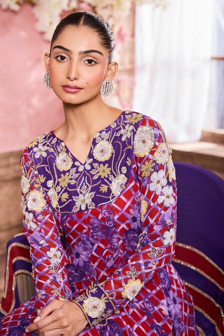 Buy Krisha Sunny Ramani Purple Georgette, Crepe Crystals, Sequins, Floral Print Panelled Kurta Pant Set Online at Aza Fashions Buy_Krisha Sunny Ramani_Purple Georgette, Crepe Crystals, Sequins, Floral Print Panelled Kurta Pant Set _Online_at_Aza_Fashions