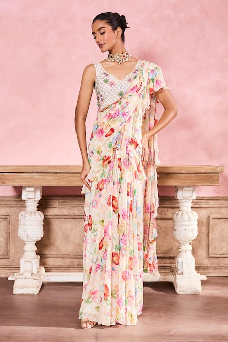 Krisha sunny Ramani Floral Print Pre-Draped Saree Set 