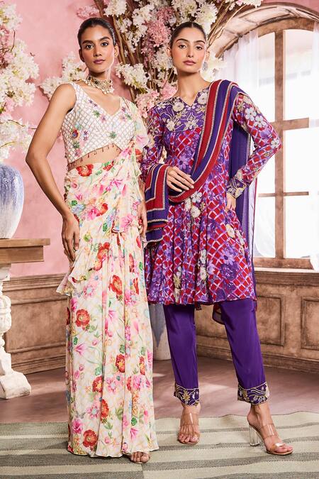 Krisha Sunny Ramani_Multi Color Georgette Beads, Stones, Crystals Floral Print Pre-draped Saree Set _Online_at_Aza_Fashions