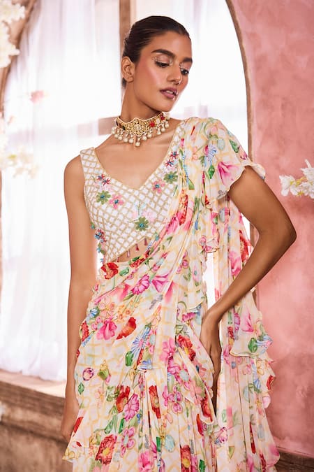 Buy_Krisha Sunny Ramani_Multi Color Georgette Beads, Stones, Crystals Floral Print Pre-draped Saree Set _Online_at_Aza_Fashions