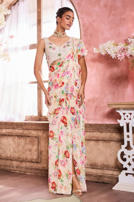 Shop_Krisha Sunny Ramani_Multi Color Georgette Beads, Stones, Crystals Floral Print Pre-draped Saree Set _Online_at_Aza_Fashions