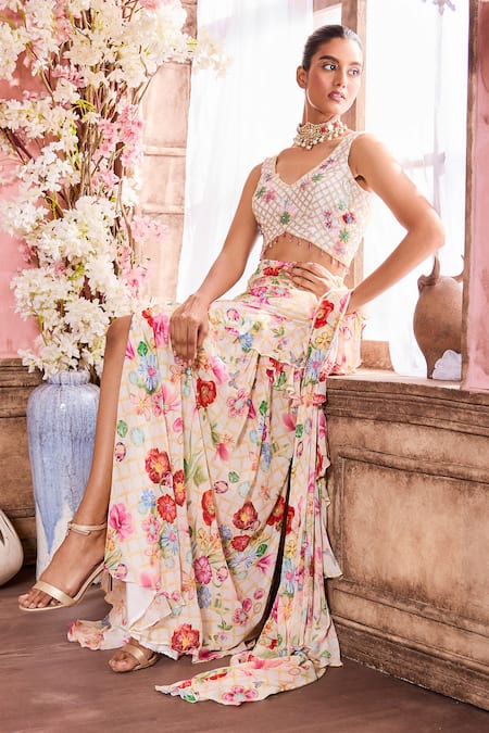 Krisha Sunny Ramani_Multi Color Georgette Beads, Stones, Crystals Floral Print Pre-draped Saree Set _at_Aza_Fashions