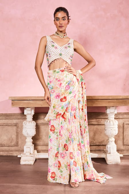 Buy_Krisha Sunny Ramani_Multi Color Georgette Beads, Stones, Crystals Floral Print Pre-draped Saree Set 