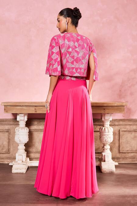 Krisha Sunny Ramani_Pink Georgette Beads, Stones Round Neck Geometric Work Cape With Skirt Set _Online_at_Aza_Fashions