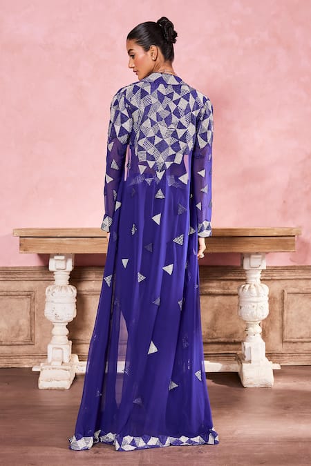 Krisha Sunny Ramani Blue Georgette Beads, Stones Geometric Work Long Cape With Draped Skirt Set Online at Aza Fashions Krisha Sunny Ramani_Blue Georgette Beads, Stones Geometric Work Long Cape With Draped Skirt Set _Online_at_Aza_Fashions