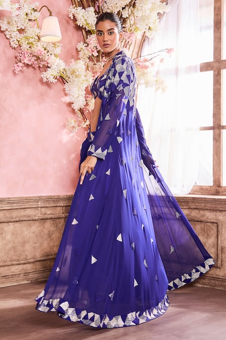 Buy Krisha Sunny Ramani Blue Georgette Beads, Stones Geometric Work Long Cape With Draped Skirt Set Online at Aza Fashions Buy_Krisha Sunny Ramani_Blue Georgette Beads, Stones Geometric Work Long Cape With Draped Skirt Set _Online_at_Aza_Fashions