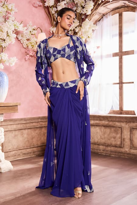 Shop Krisha Sunny Ramani Blue Georgette Beads, Stones Geometric Work Long Cape With Draped Skirt Set Online at Aza Fashions Shop_Krisha Sunny Ramani_Blue Georgette Beads, Stones Geometric Work Long Cape With Draped Skirt Set _Online_at_Aza_Fashions