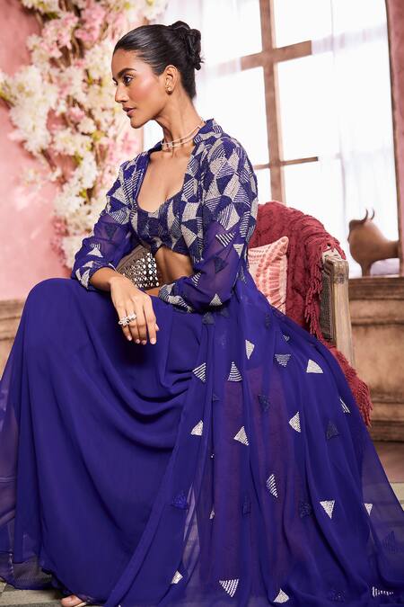 Buy Krisha Sunny Ramani Blue Georgette Beads, Stones Geometric Work Long Cape With Draped Skirt Set Buy_Krisha Sunny Ramani_Blue Georgette Beads, Stones Geometric Work Long Cape With Draped Skirt Set