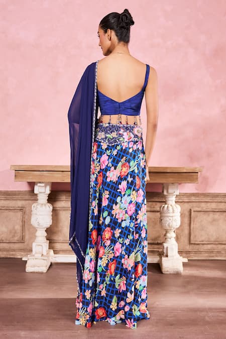 Shop Krisha Sunny Ramani Blue Crepe, Georgette Sequins, Beads, Floral Print And Embroidered Skirt Set at Aza Fashions Shop_Krisha Sunny Ramani_Blue Crepe, Georgette Sequins, Beads, Floral Print And Embroidered Skirt Set _at_Aza_Fashions