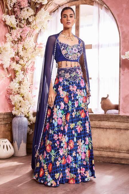 Krisha Sunny Ramani Blue Crepe, Georgette Sequins, Beads, Floral Print And Embroidered Skirt Set Online at Aza Fashions Krisha Sunny Ramani_Blue Crepe, Georgette Sequins, Beads, Floral Print And Embroidered Skirt Set _Online_at_Aza_Fashions