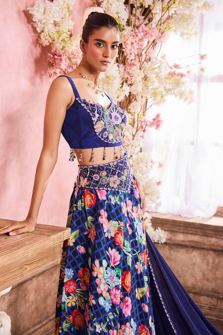 Buy Krisha Sunny Ramani Blue Crepe, Georgette Sequins, Beads, Floral Print And Embroidered Skirt Set Online at Aza Fashions Buy_Krisha Sunny Ramani_Blue Crepe, Georgette Sequins, Beads, Floral Print And Embroidered Skirt Set _Online_at_Aza_Fashions