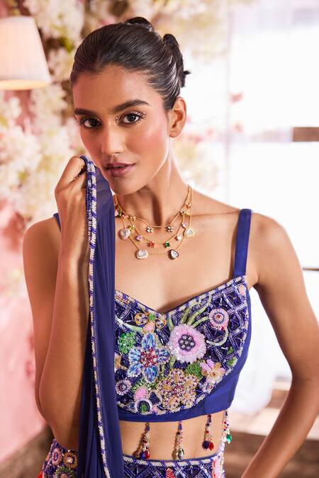 Shop Krisha Sunny Ramani Blue Crepe, Georgette Sequins, Beads, Floral Print And Embroidered Skirt Set Online at Aza Fashions Shop_Krisha Sunny Ramani_Blue Crepe, Georgette Sequins, Beads, Floral Print And Embroidered Skirt Set _Online_at_Aza_Fashions