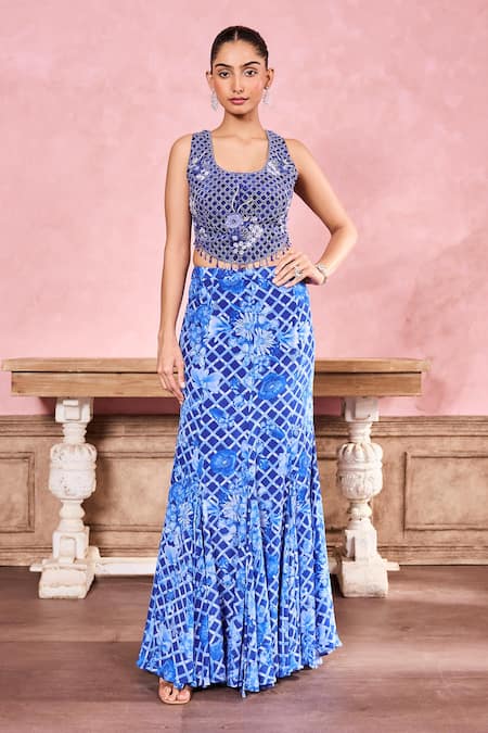 Krisha sunny Ramani Blue Crepe Embroidered Sequin U-neck Floral Print Fish Cut Skirt With Blouse 