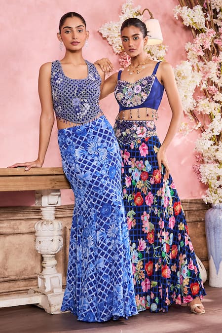 Krisha Sunny Ramani Blue Crepe Sequins, Beads, Stones Round Floral Print Fish Cut Skirt With Blouse at Aza Fashions Krisha Sunny Ramani_Blue Crepe Sequins, Beads, Stones Round Floral Print Fish Cut Skirt With Blouse _at_Aza_Fashions