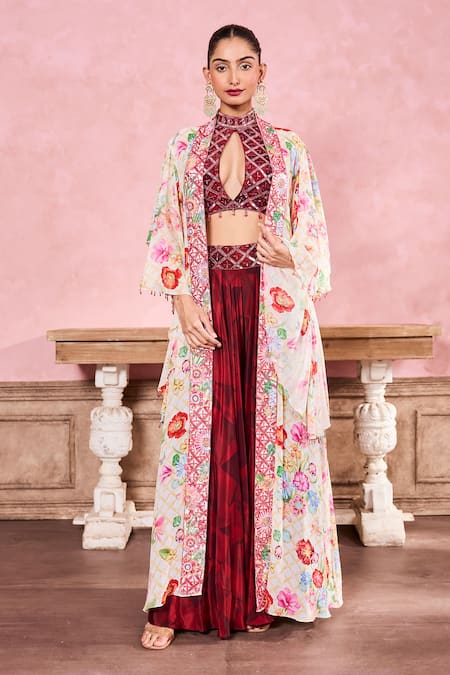 Krisha sunny Ramani Maroon Cape Georgette Embroidered Sequin Halter Floral Print With Sharara Set 