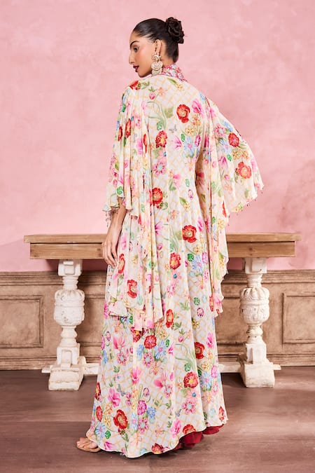 Shop Krisha Sunny Ramani Maroon Crepe, Georgette Beads, Sequins, Floral Print Cape With Sharara Set at Aza Fashions Shop_Krisha Sunny Ramani_Maroon Crepe, Georgette Beads, Sequins, Floral Print Cape With Sharara Set _at_Aza_Fashions