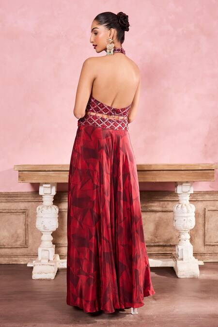 Shop Krisha Sunny Ramani Maroon Crepe, Georgette Beads, Sequins, Floral Print Cape With Sharara Set Online at Aza Fashions Shop_Krisha Sunny Ramani_Maroon Crepe, Georgette Beads, Sequins, Floral Print Cape With Sharara Set _Online_at_Aza_Fashions