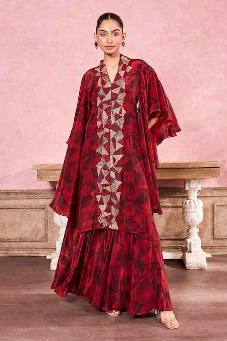 Krisha sunny Ramani Maroon Crepe Embroidered Stone V-neck Geometric Kurta With Sharara 