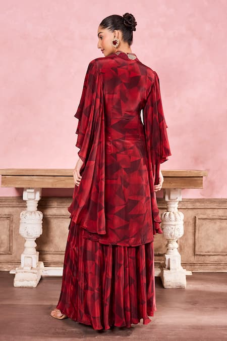 Shop Krisha Sunny Ramani Maroon Crepe Beads, Stones V-neck Geometric Embroidered Kurta With Sharara at Aza Fashions Shop_Krisha Sunny Ramani_Maroon Crepe Beads, Stones V-neck Geometric Embroidered Kurta With Sharara _at_Aza_Fashions