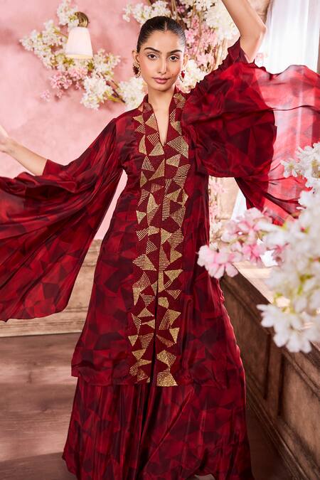 Krisha Sunny Ramani Maroon Crepe Beads, Stones V-neck Geometric Embroidered Kurta With Sharara Online at Aza Fashions Krisha Sunny Ramani_Maroon Crepe Beads, Stones V-neck Geometric Embroidered Kurta With Sharara _Online_at_Aza_Fashions