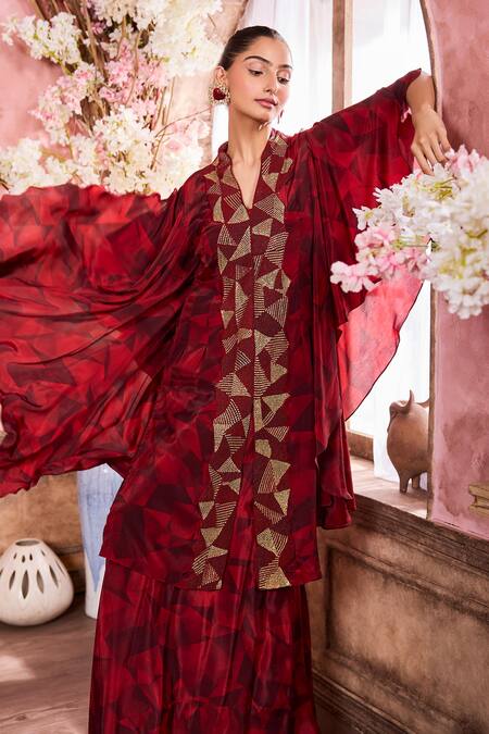 Buy Krisha Sunny Ramani Maroon Crepe Beads, Stones V-neck Geometric Embroidered Kurta With Sharara Online at Aza Fashions Buy_Krisha Sunny Ramani_Maroon Crepe Beads, Stones V-neck Geometric Embroidered Kurta With Sharara _Online_at_Aza_Fashions
