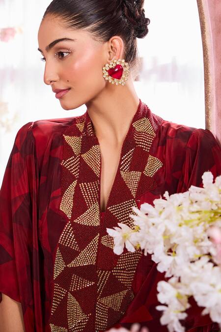 Shop Krisha Sunny Ramani Maroon Crepe Beads, Stones V-neck Geometric Embroidered Kurta With Sharara Online at Aza Fashions Shop_Krisha Sunny Ramani_Maroon Crepe Beads, Stones V-neck Geometric Embroidered Kurta With Sharara _Online_at_Aza_Fashions