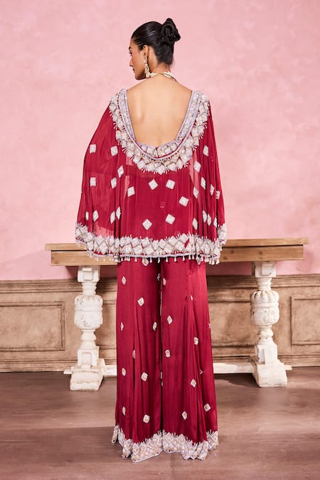 Shop Krisha Sunny Ramani Maroon Chiffon Sequins Geomatric Pattern Embroidered Cape With Sharara Set at Aza Fashions Shop_Krisha Sunny Ramani_Maroon Chiffon Sequins Geomatric Pattern Embroidered Cape With Sharara Set _at_Aza_Fashions