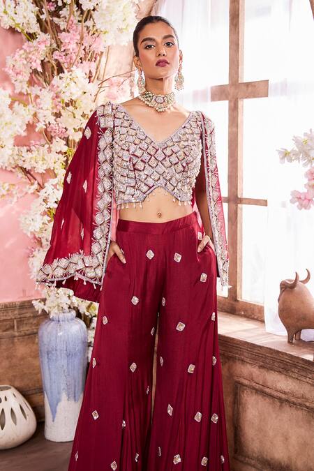 Krisha Sunny Ramani Maroon Chiffon Sequins Geomatric Pattern Embroidered Cape With Sharara Set Online at Aza Fashions Krisha Sunny Ramani_Maroon Chiffon Sequins Geomatric Pattern Embroidered Cape With Sharara Set _Online_at_Aza_Fashions