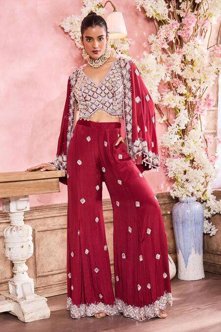 Buy Krisha Sunny Ramani Maroon Chiffon Sequins Geomatric Pattern Embroidered Cape With Sharara Set Online at Aza Fashions Buy_Krisha Sunny Ramani_Maroon Chiffon Sequins Geomatric Pattern Embroidered Cape With Sharara Set _Online_at_Aza_Fashions