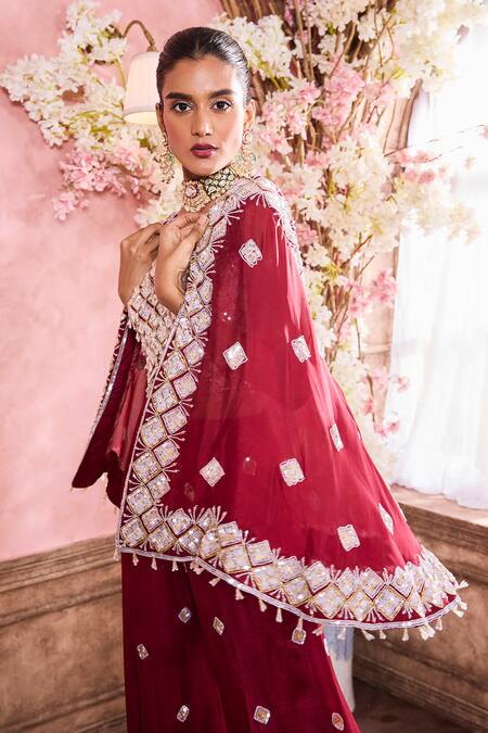 Shop Krisha Sunny Ramani Maroon Chiffon Sequins Geomatric Pattern Embroidered Cape With Sharara Set Online at Aza Fashions Shop_Krisha Sunny Ramani_Maroon Chiffon Sequins Geomatric Pattern Embroidered Cape With Sharara Set _Online_at_Aza_Fashions