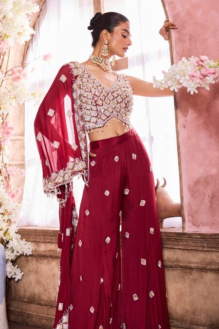 Krisha Sunny Ramani Maroon Chiffon Sequins Geomatric Pattern Embroidered Cape With Sharara Set at Aza Fashions Krisha Sunny Ramani_Maroon Chiffon Sequins Geomatric Pattern Embroidered Cape With Sharara Set _at_Aza_Fashions