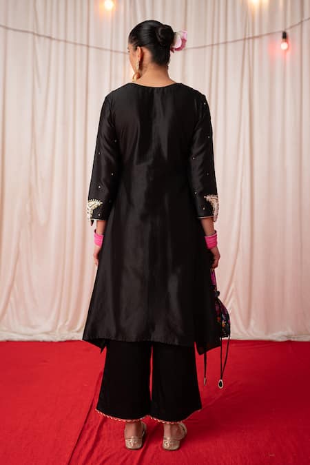 Shop Chrkha Black Chanderi Silk Hand Embroidered Paisley Round A-line Kurta Pant Set at Aza Fashions Shop_Chrkha_Black Chanderi Silk Hand Embroidered Paisley Round A-line Kurta Pant Set _at_Aza_Fashions