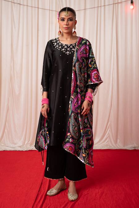 Chrkha Black Chanderi Silk Hand Embroidered Paisley Round A-line Kurta Pant Set Online at Aza Fashions Chrkha_Black Chanderi Silk Hand Embroidered Paisley Round A-line Kurta Pant Set _Online_at_Aza_Fashions