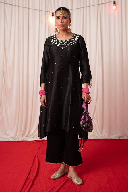Buy Chrkha Black Chanderi Silk Hand Embroidered Paisley Round A-line Kurta Pant Set Online at Aza Fashions Buy_Chrkha_Black Chanderi Silk Hand Embroidered Paisley Round A-line Kurta Pant Set _Online_at_Aza_Fashions