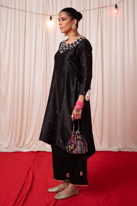 Shop Chrkha Black Chanderi Silk Hand Embroidered Paisley Round A-line Kurta Pant Set Online at Aza Fashions Shop_Chrkha_Black Chanderi Silk Hand Embroidered Paisley Round A-line Kurta Pant Set _Online_at_Aza_Fashions