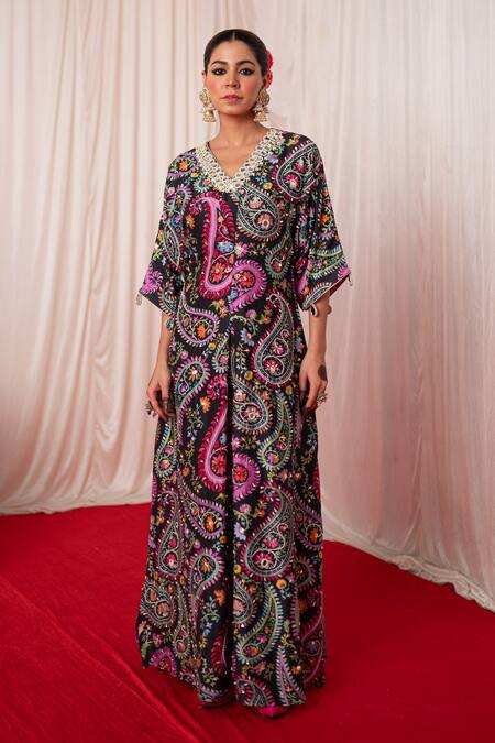 Chrkha Black Chanderi Silk Hand Embroidered Paisley Floral V-neck Print Kaftan Online at Aza Fashions Chrkha_Black Chanderi Silk Hand Embroidered Paisley Floral V-neck Print Kaftan _Online_at_Aza_Fashions