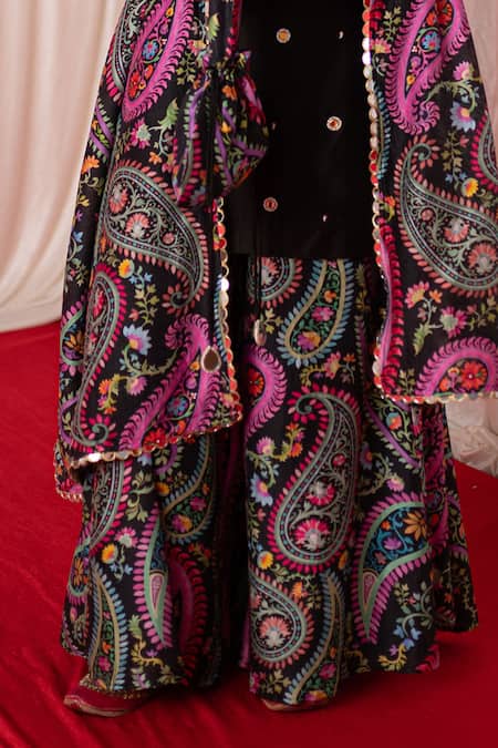 Chrkha_Black Chanderi Silk Hand Embroidered Mirror V-neck Kurta Sharara Set _Online_at_Aza_Fashions
