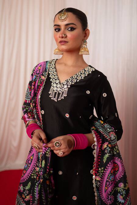 Shop_Chrkha_Black Chanderi Silk Hand Embroidered Mirror V-neck Kurta Sharara Set _Online_at_Aza_Fashions