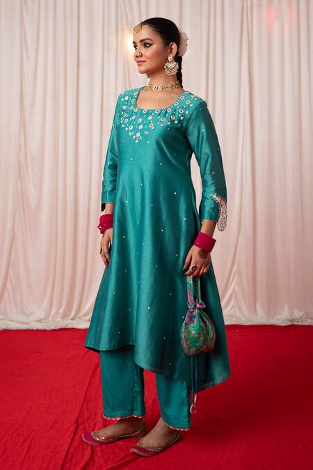 Shop Chrkha Green Chanderi Silk Hand Embroidered Mirror U Neck Paisley A-line Kurta Set Online at Aza Fashions Shop_Chrkha_Green Chanderi Silk Hand Embroidered Mirror U Neck Paisley A-line Kurta Set _Online_at_Aza_Fashions