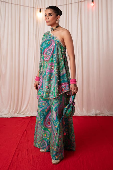 Chrkha_Green Chanderi Silk Mirrors, Pearls, Paisley Floral Print Kurta With Sharara _Online_at_Aza_Fashions