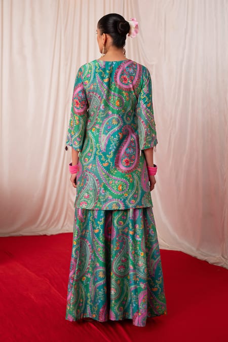 Shop Chrkha Green Chanderi Silk Mirrors, Pearls, Sequins Hand Embroidered Kurta Sharara Set at Aza Fashions Shop_Chrkha_Green Chanderi Silk Mirrors, Pearls, Sequins Hand Embroidered Kurta Sharara Set _at_Aza_Fashions