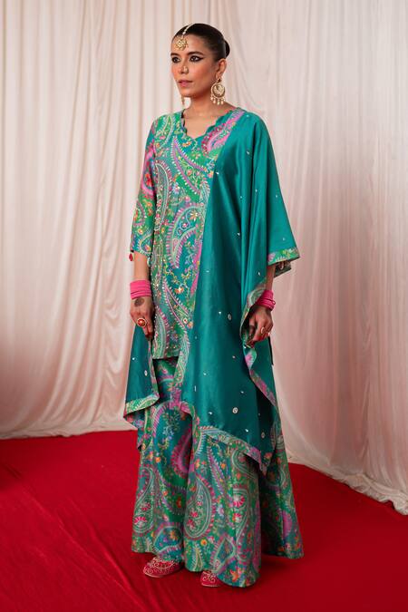 Chrkha Green Chanderi Silk Mirrors, Pearls, Sequins Hand Embroidered Kurta Sharara Set Online at Aza Fashions Chrkha_Green Chanderi Silk Mirrors, Pearls, Sequins Hand Embroidered Kurta Sharara Set _Online_at_Aza_Fashions