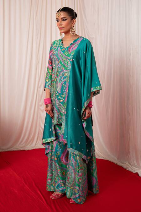 Shop Chrkha Green Chanderi Silk Mirrors, Pearls, Sequins Hand Embroidered Kurta Sharara Set Online at Aza Fashions Shop_Chrkha_Green Chanderi Silk Mirrors, Pearls, Sequins Hand Embroidered Kurta Sharara Set _Online_at_Aza_Fashions