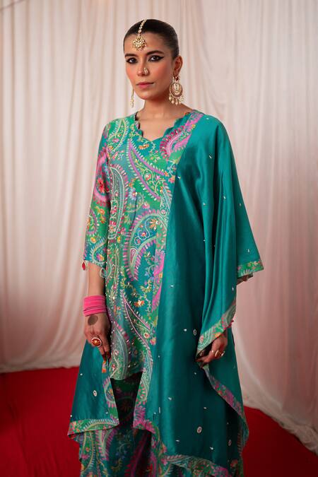 Chrkha Green Chanderi Silk Mirrors, Pearls, Sequins Hand Embroidered Kurta Sharara Set at Aza Fashions Chrkha_Green Chanderi Silk Mirrors, Pearls, Sequins Hand Embroidered Kurta Sharara Set _at_Aza_Fashions