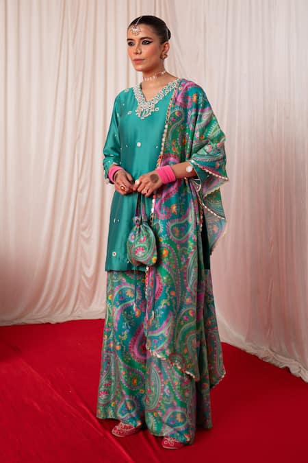 Chrkha Black Chanderi Silk Hand Embroidered Mirror V-neck Kurta And Sharara Set Online at Aza Fashions Chrkha_Black Chanderi Silk Hand Embroidered Mirror V-neck Kurta And Sharara Set _Online_at_Aza_Fashions