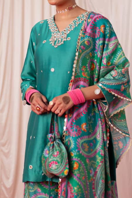 Buy Chrkha Black Chanderi Silk Hand Embroidered Mirror V-neck Kurta And Sharara Set Online at Aza Fashions Buy_Chrkha_Black Chanderi Silk Hand Embroidered Mirror V-neck Kurta And Sharara Set _Online_at_Aza_Fashions